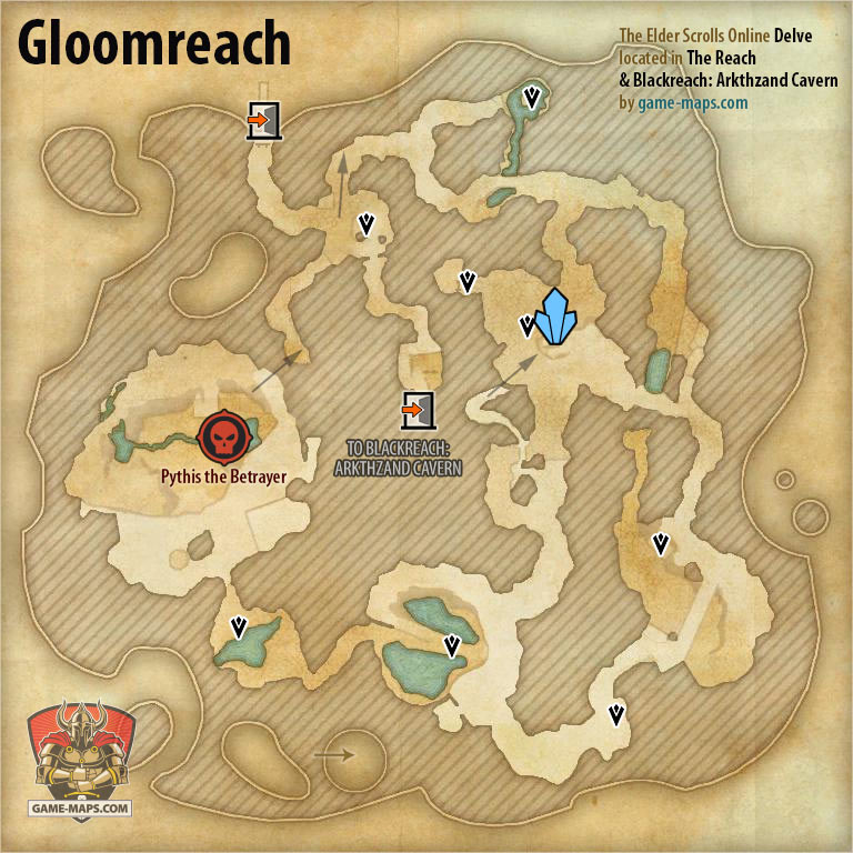 ESO Gloomreach Delve Map with Skyshard and Boss location in The Reach, Blackreach: Arkthzand Cavern