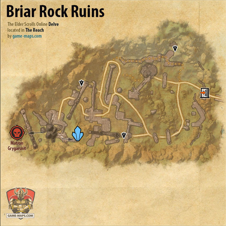 ESO Briar Rock Ruins Delve Map with Skyshard and Boss location in The Reach