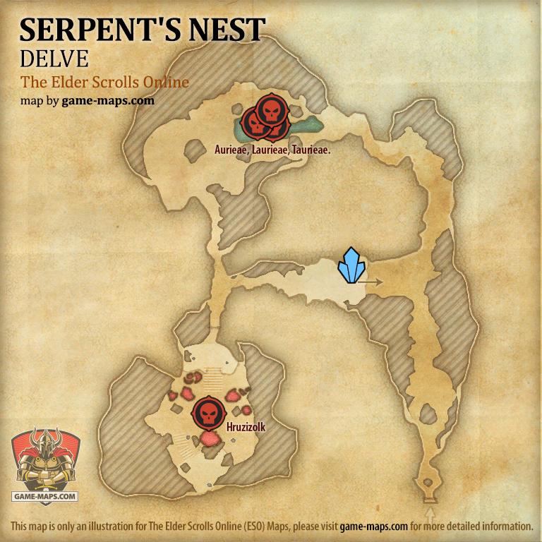 ESO Serpent's Nest Delve Map with Skyshard and Boss location in Craglorn