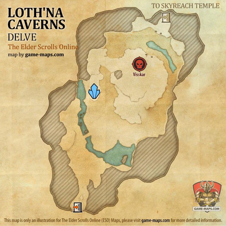 ESO Loth'Na Caverns Delve Map with Skyshard and Boss location in Craglorn