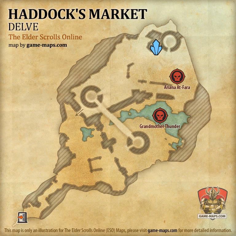 ESO Haddock's Market Delve Map with Skyshard and Boss location in Craglorn