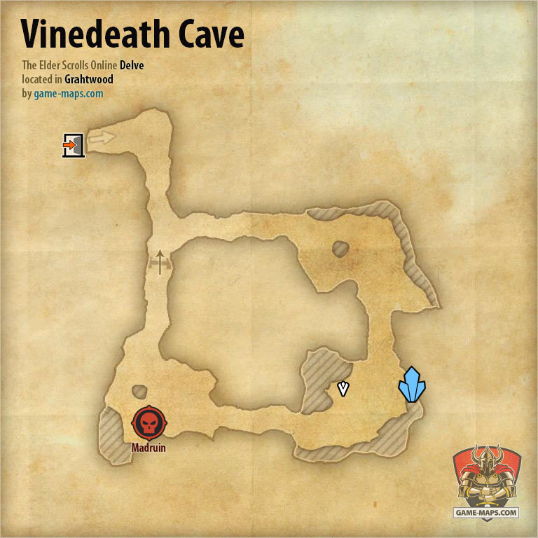 ESO Vinedeath Cave Delve Map with Skyshard and Boss location in Grahtwood