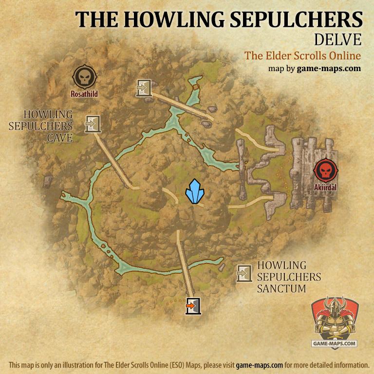 ESO The Howling Sepulchers Delve Map with Skyshard and Boss location in Craglorn
