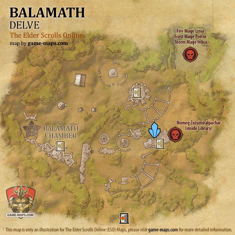 ESO Balamath Delve Map with Skyshard and Boss location in Craglorn