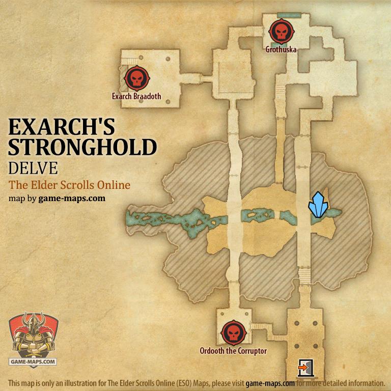 ESO Exarch's Stronghold Delve Map with Skyshard and Boss location in Craglorn