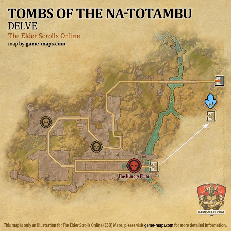 ESO Tombs of the Na-Totambu Delve Map with Skyshard and Boss location in Craglorn