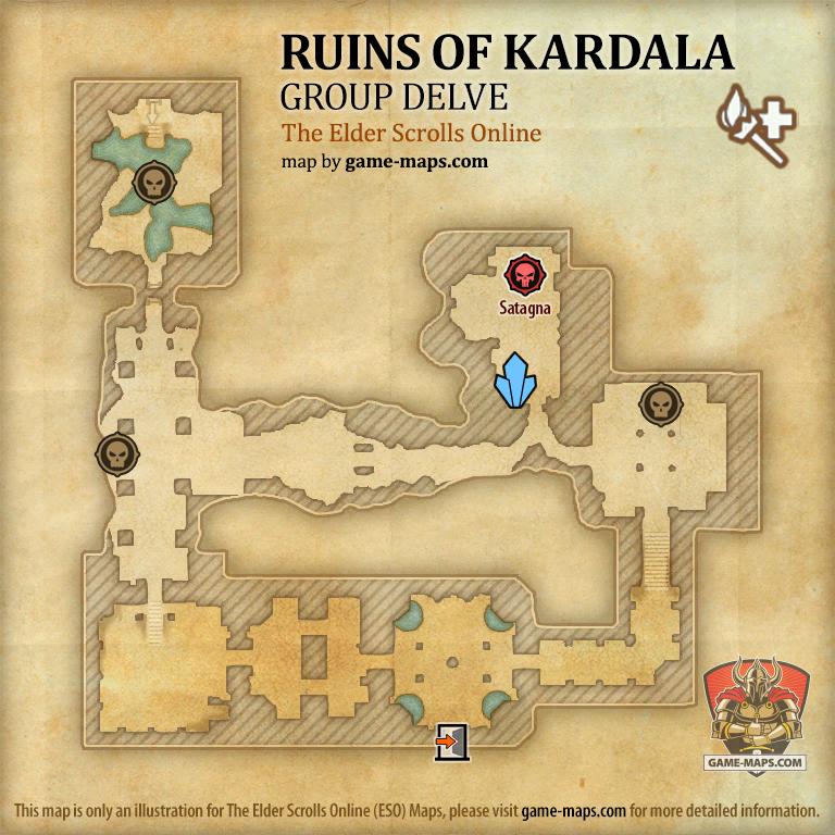 ESO Ruins of Kardala Delve Map with Skyshard and Boss location in Craglorn (Group)