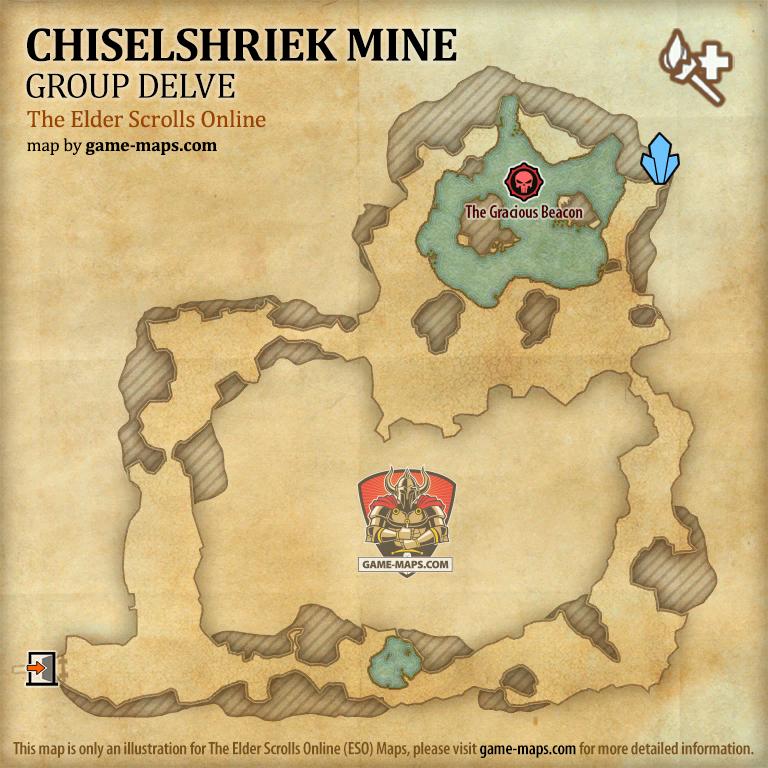 ESO Chiselshriek Mine Delve Map with Skyshard and Boss location in Craglorn (Group)