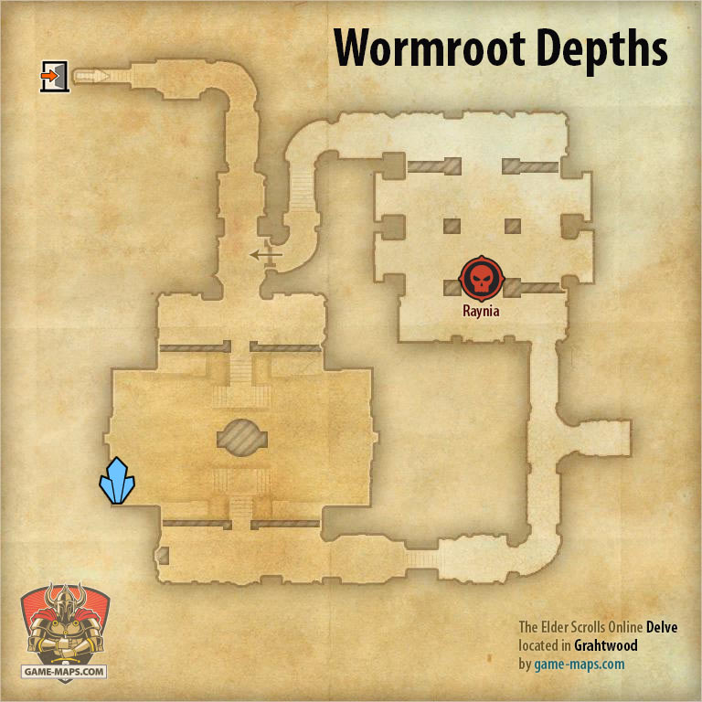 ESO Wormroot Depths Delve Map with Skyshard and Boss location in Grahtwood