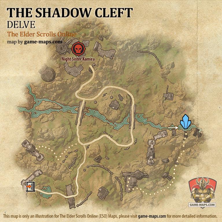 The Shadow Cleft Delve Map with Skyshard and Boss locations ESO
