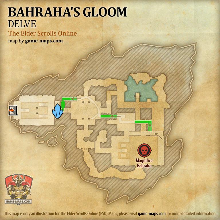 ESO Bahraha's Gloom Delve Map with Skyshard and Boss location in Hew's Bane