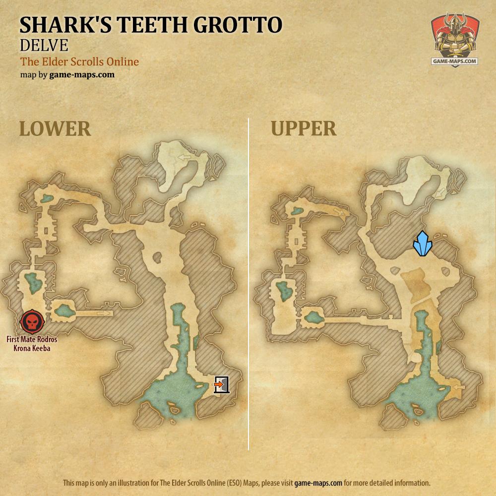 ESO Shark's Teeth Grotto Delve Map with Skyshard and Boss location in Hew's Bane