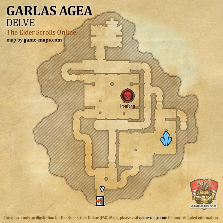 ESO Garlas Agea Delve Map with Skyshard and Boss location in Gold Coast