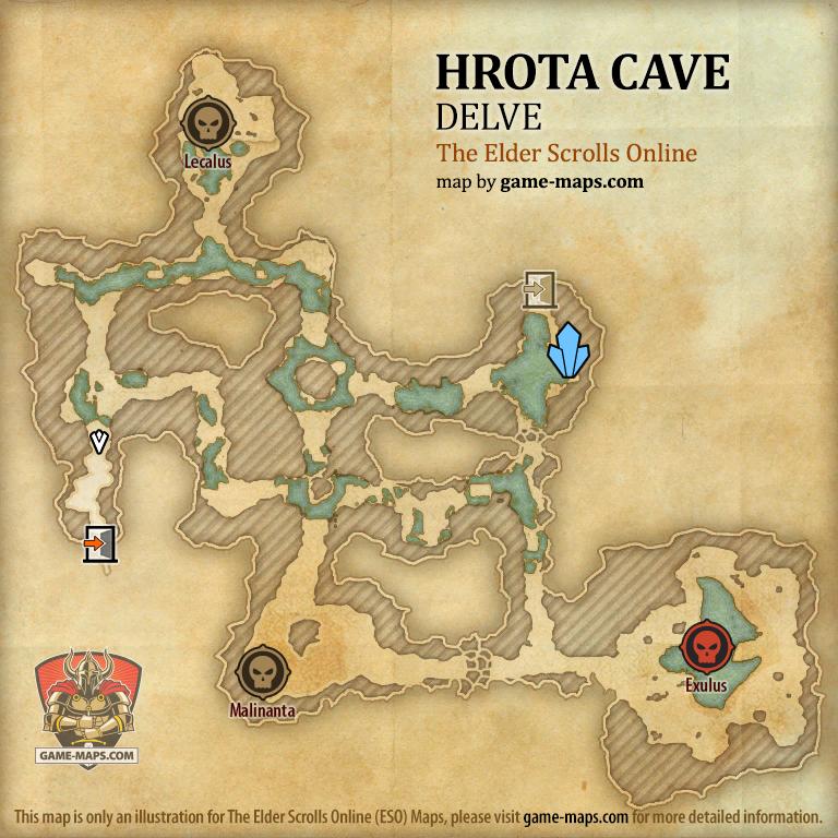 ESO Hrota Cave Delve Map with Skyshard and Boss location in Gold Coast