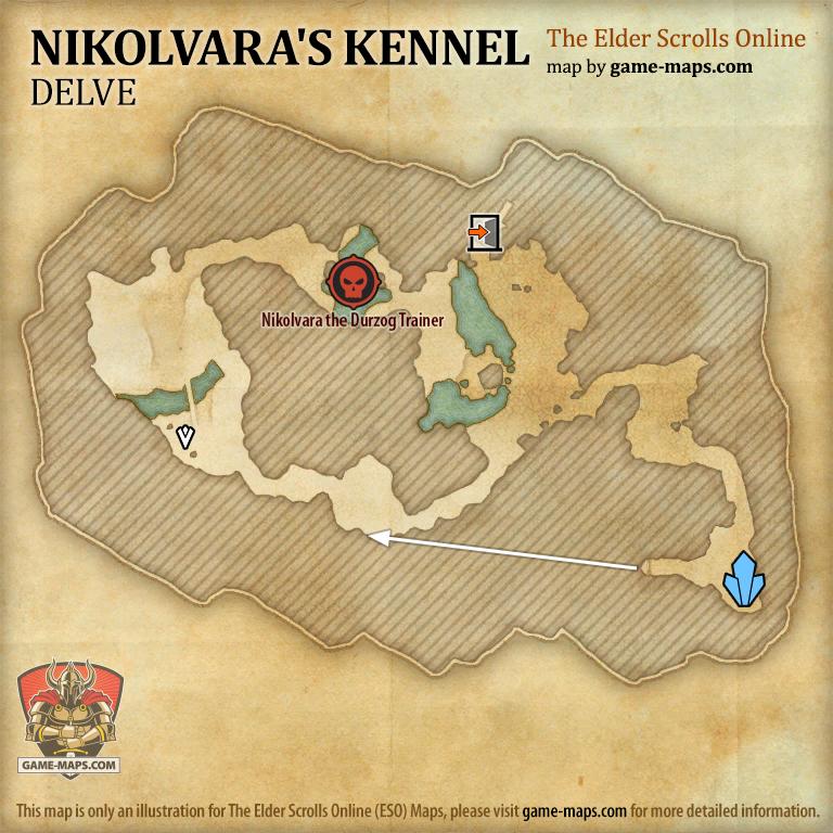 ESO Nikolvara's Kennel Delve Map with Skyshard and Boss location in Wrothgar