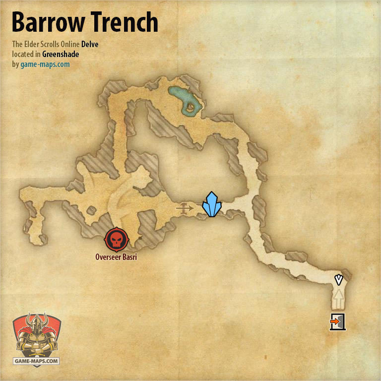 ESO Barrow Trench Delve Map with Skyshard and Boss location in Greenshade