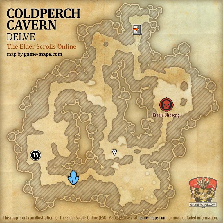 ESO Coldperch Cavern Delve Map with Skyshard and Boss location in Wrothgar