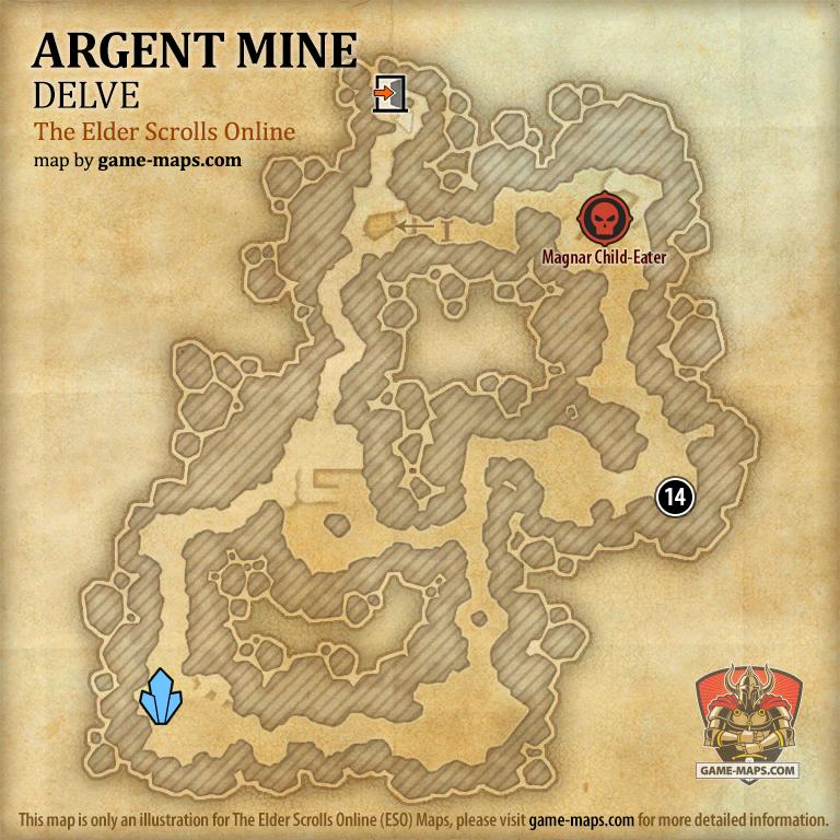 ESO Argent Mine Delve Map with Skyshard and Boss location in Wrothgar