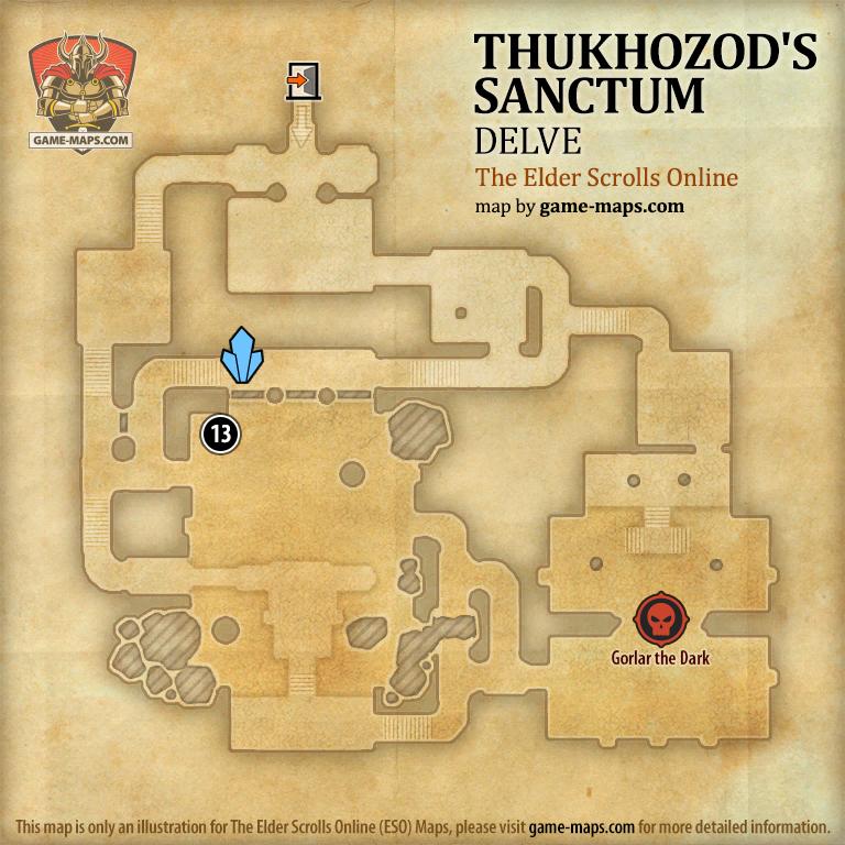ESO Thukhozod's Sanctum Delve Map with Skyshard and Boss location in Wrothgar