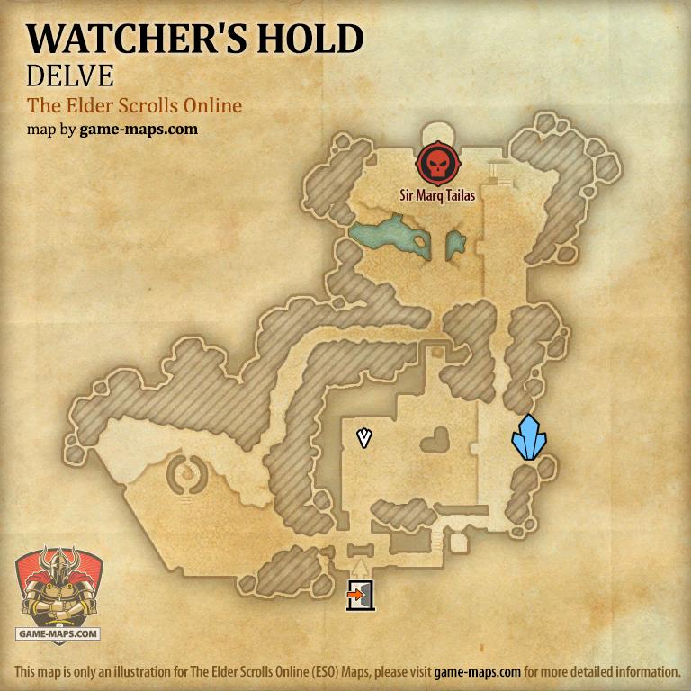 ESO Watcher's Hold Delve Map with Skyshard and Boss location in Wrothgar