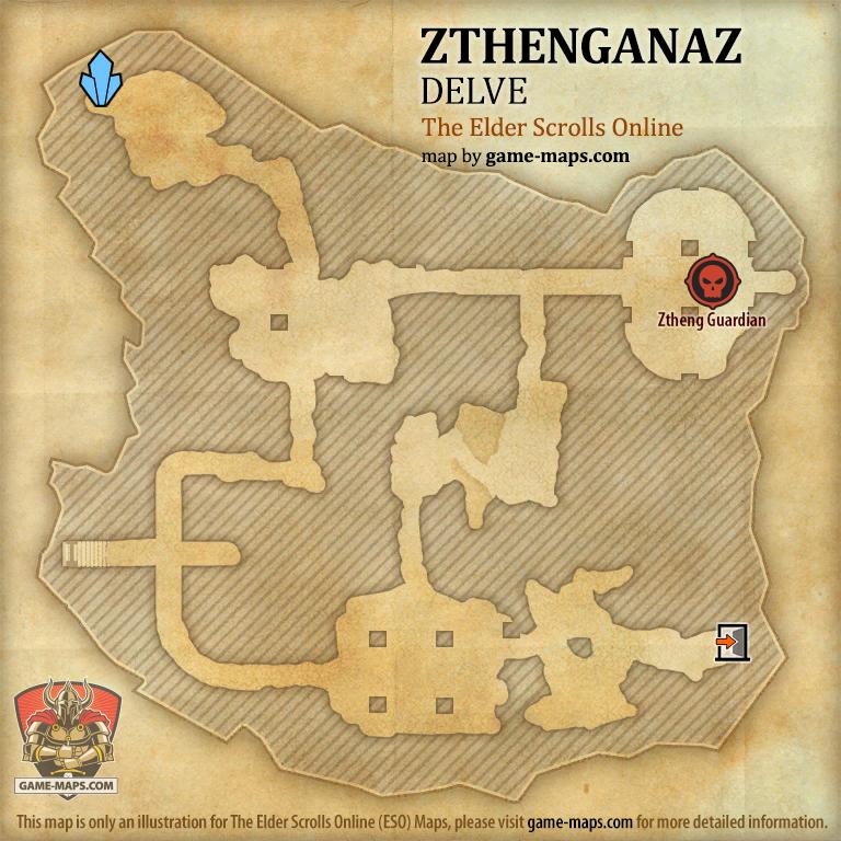 ESO Zthenganaz Delve Map with Skyshard and Boss location in Wrothgar