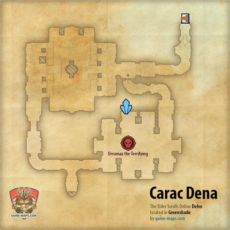 ESO Carac Dena Delve Map with Skyshard and Boss location in Greenshade