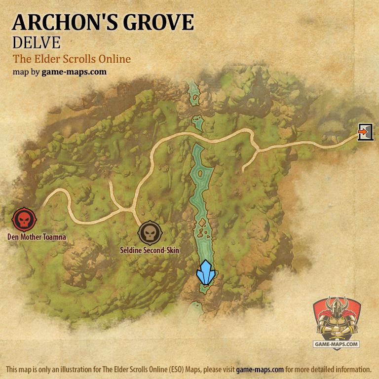 ESO Archon's Grove Delve Map with Skyshard and Boss location in Summerset