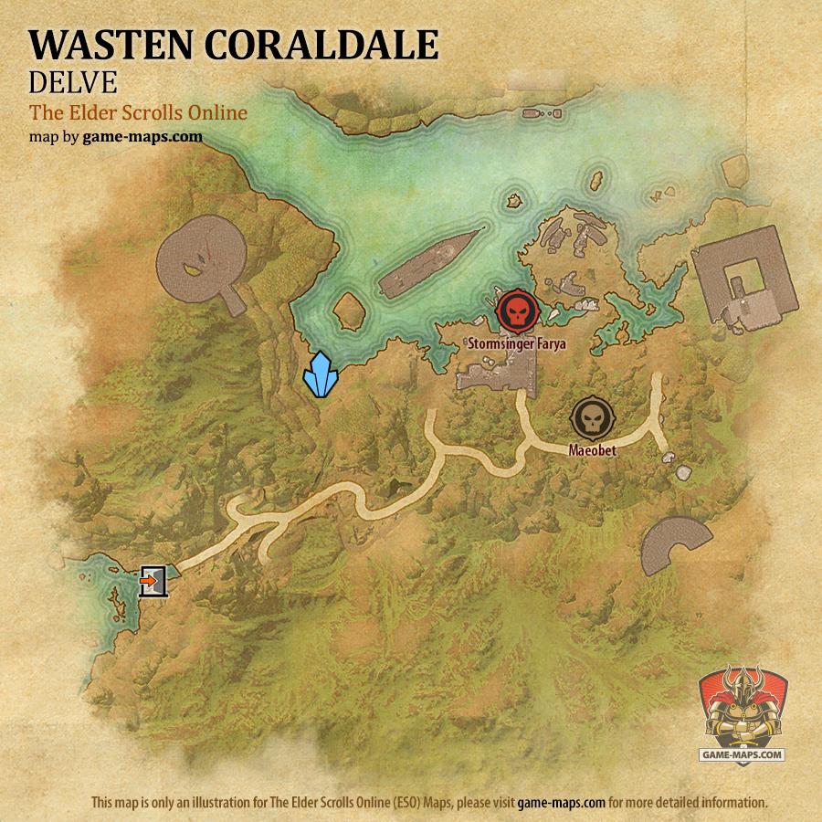 ESO Wasten Coraldale Delve Map with Skyshard and Boss location in Summerset