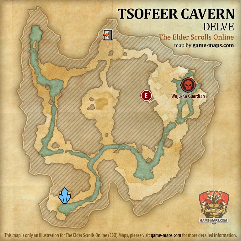 ESO Tsofeer Cavern Delve Map with Skyshard and Boss location in Murkmire