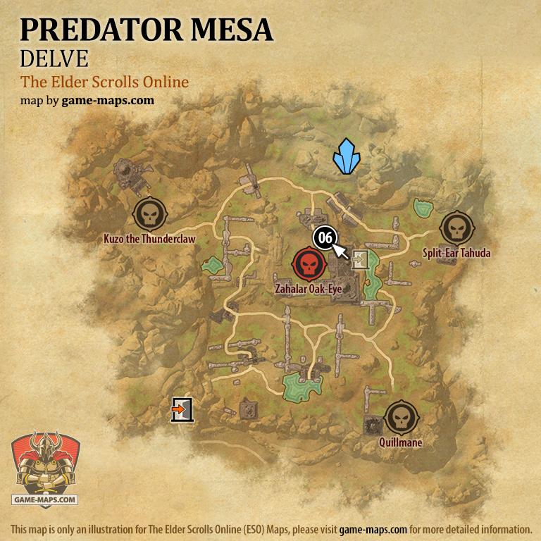 ESO Predator Mesa Delve Map with Skyshard and Boss location in Northern Elsweyr