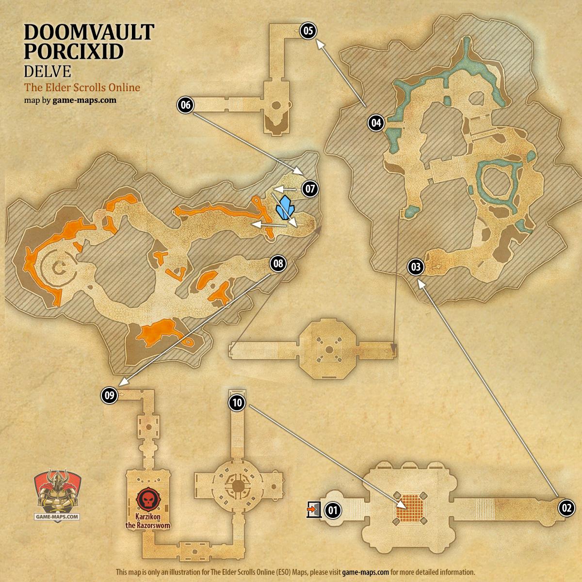 ESO Doomvault Porcixid Delve Map with Skyshard and Boss location in Blackwood