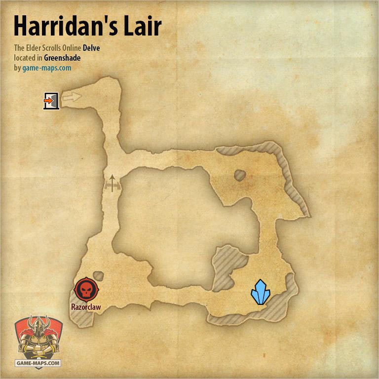 ESO Harridan's Lair Delve Map with Skyshard and Boss location in Greenshade