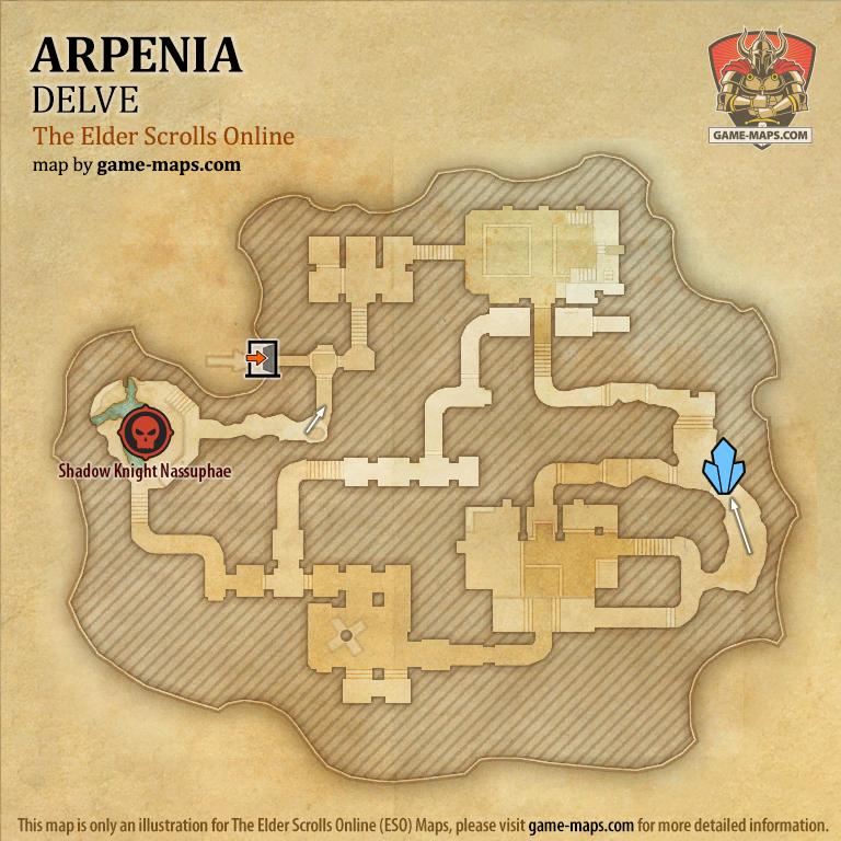 ESO Arpenia Delve Map with Skyshard and Boss location in Blackwood