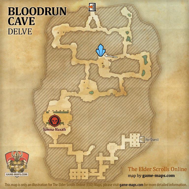 ESO Bloodrun Cave Delve Map with Skyshard and Boss location in Blackwood