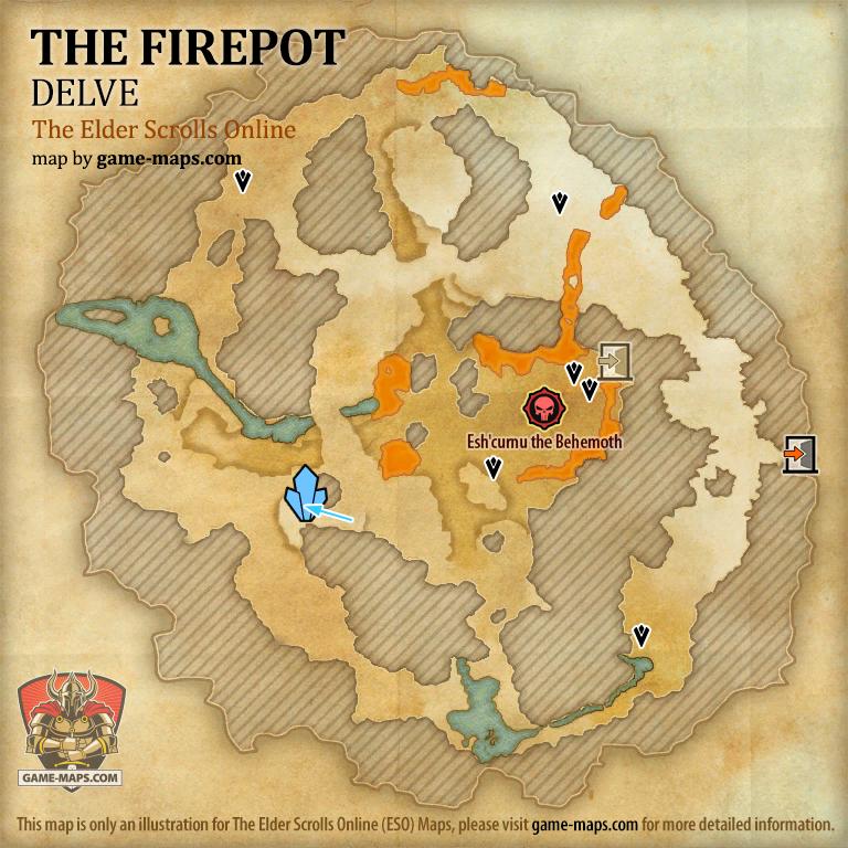 The Firepot Delve Map with Skyshard and Boss locations ESO