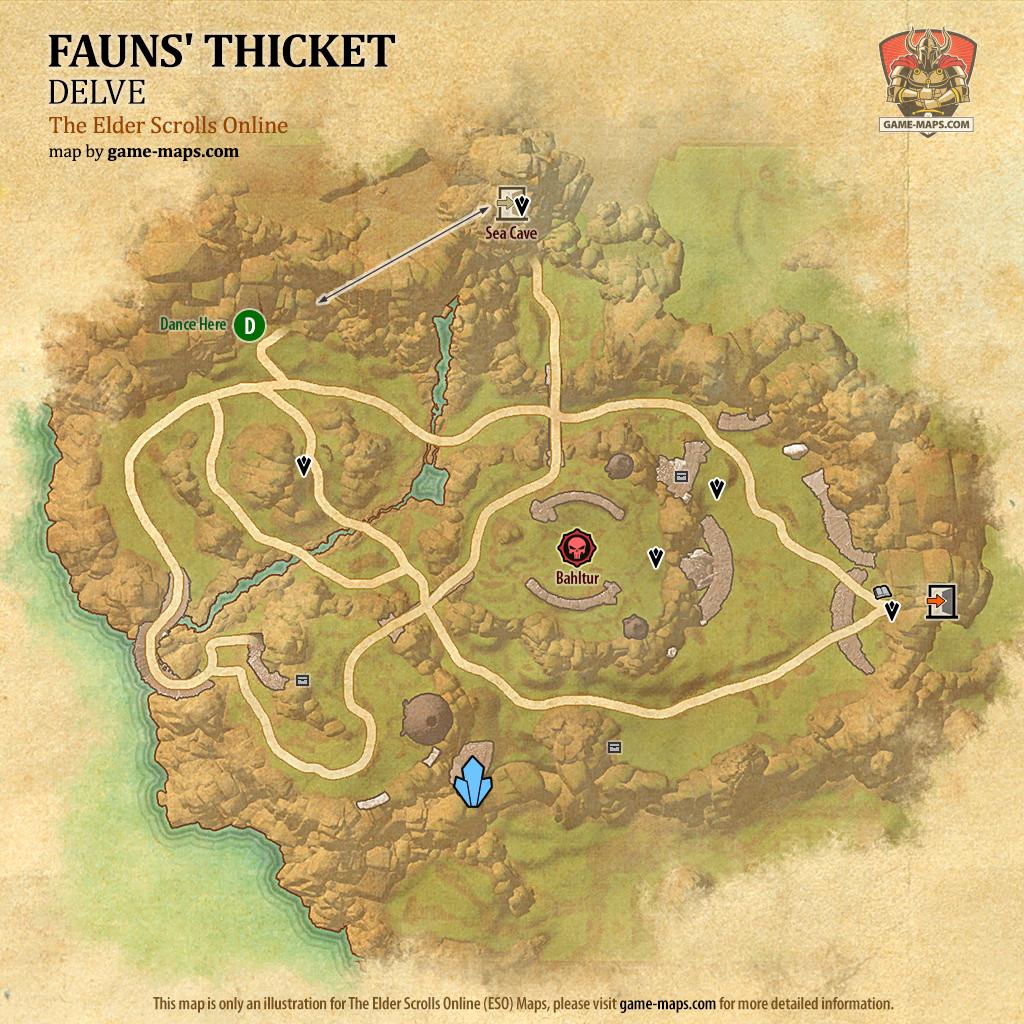 ESO Fauns' Thicket Delve Map with Skyshard and Boss location in Galen