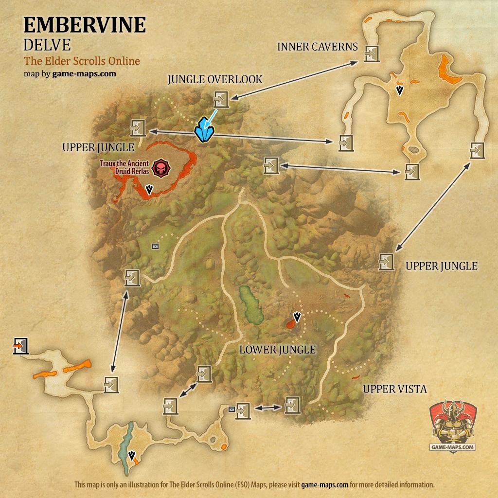 ESO Embervine Delve Map with Skyshard and Boss location in Galen