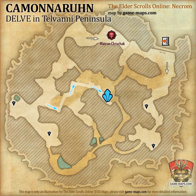ESO Camonnaruhn Delve Map with Skyshard and Boss location in Telvanni Peninsula (Necrom)