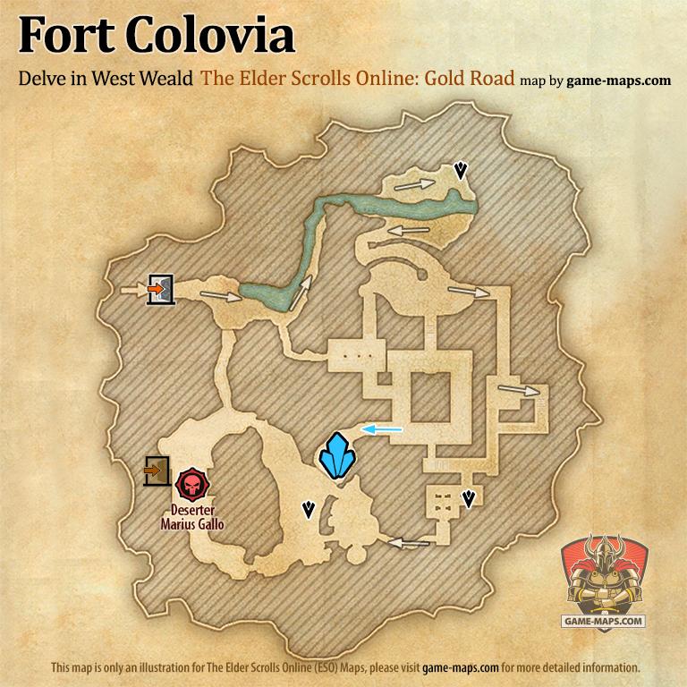 Fort Colovia Delve Map with Skyshard and Boss locations ESO