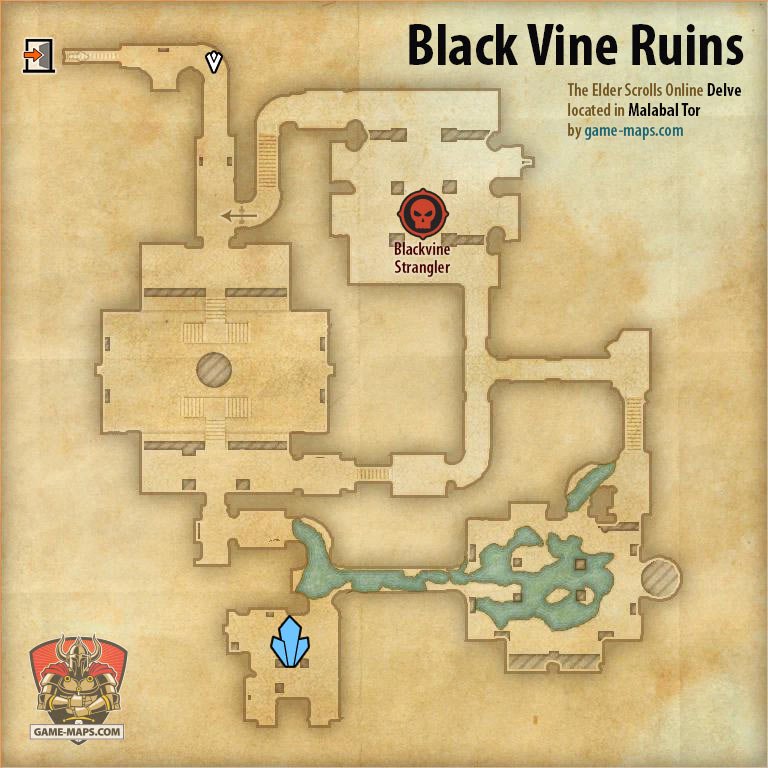 ESO Black Vine Ruins Delve Map with Skyshard and Boss location in Malabal Tor