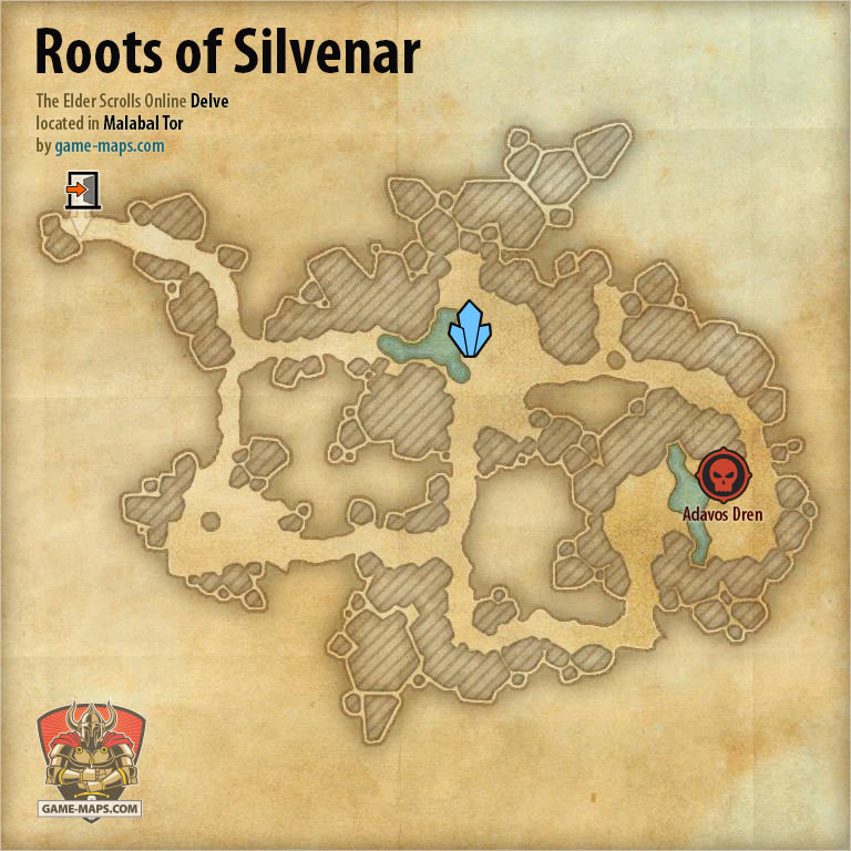 ESO Roots of Silvenar Delve Map with Skyshard and Boss location in Malabal Tor
