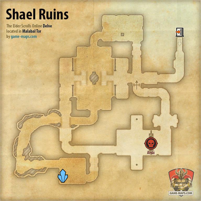 ESO Shael Ruins Delve Map with Skyshard and Boss location in Malabal Tor