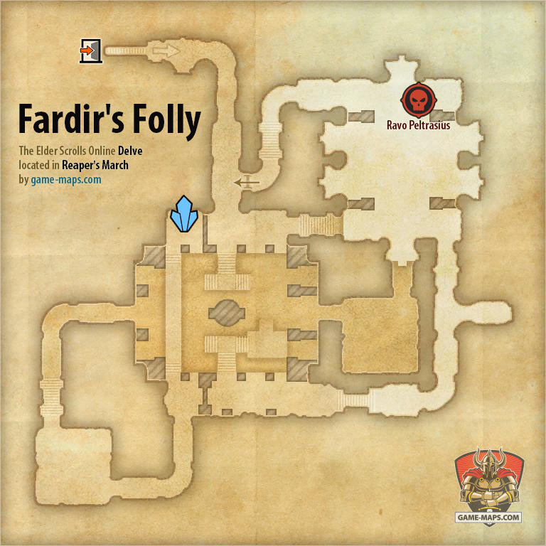 ESO Fardir's Folly Delve Map with Skyshard and Boss location in Reaper's March