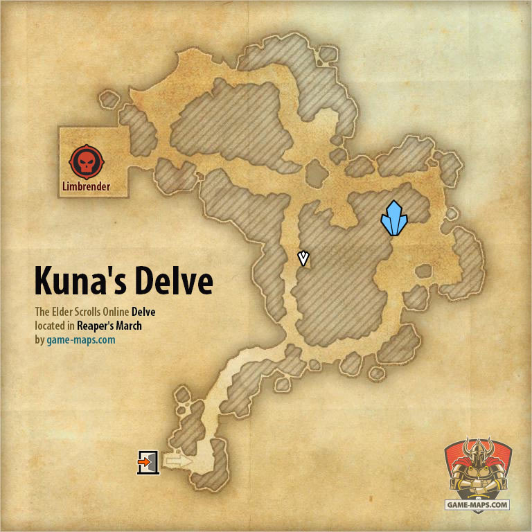 ESO Kuna's Delve Delve Map with Skyshard and Boss location in Reaper's March