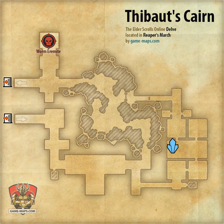 ESO Thibaut's Cairn Delve Map with Skyshard and Boss location in Reaper's March