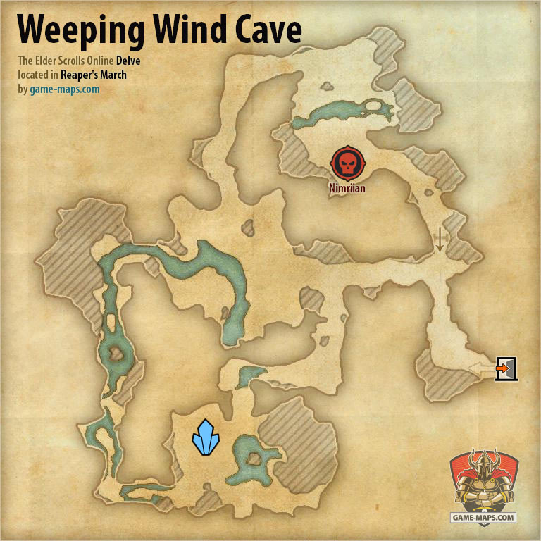 ESO Weeping Wind Cave Delve Map with Skyshard and Boss location in Reaper's March