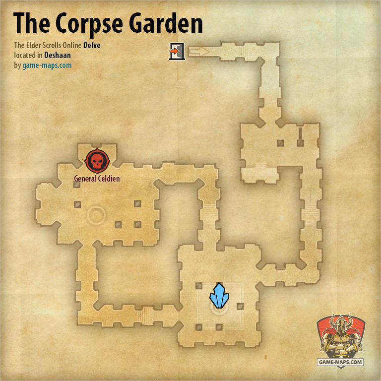 ESO The Corpse Garden Delve Map with Skyshard and Boss location in Deshaan