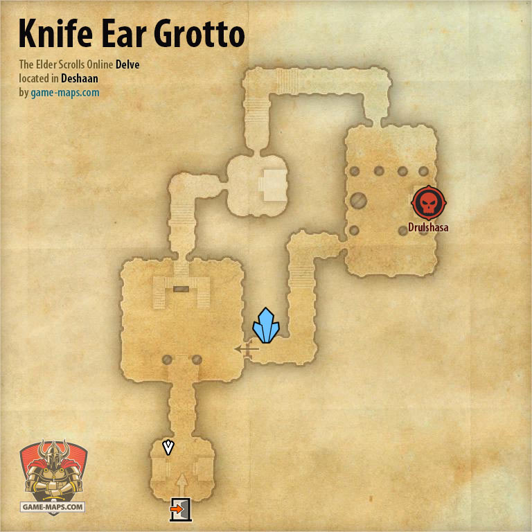 ESO Knife Ear Grotto Delve Map with Skyshard and Boss location in Deshaan