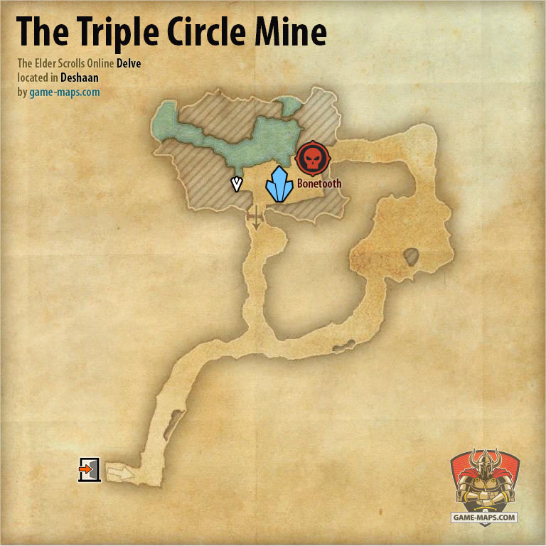ESO The Triple Circle Mine Delve Map with Skyshard and Boss location in Deshaan