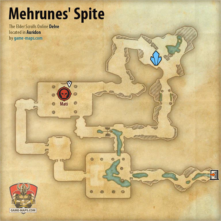 ESO Mehrunes' Spite Delve Map with Skyshard and Boss location in Auridon
